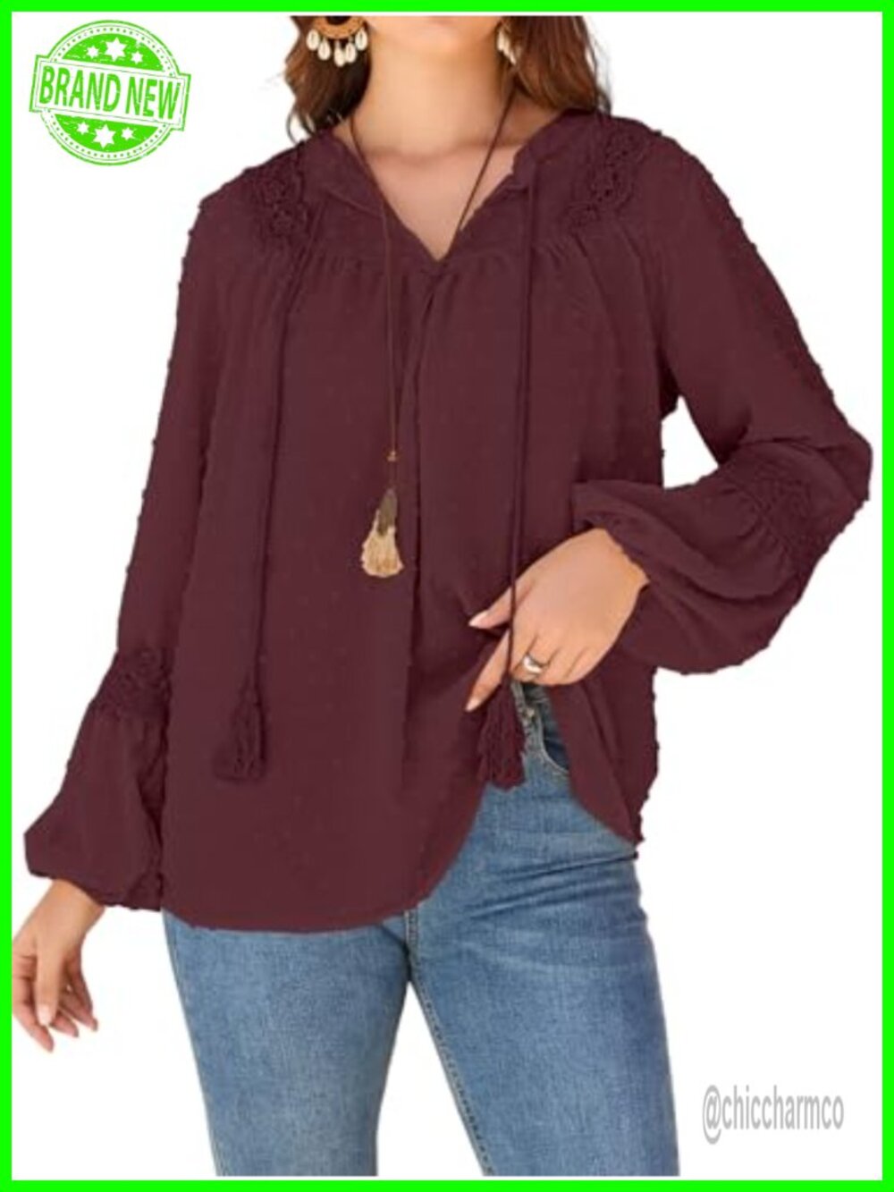 Womens Boho Swiss Dot Chiffon Tunic Blouse Lace Bell Sleeve Peasant Top